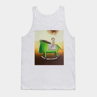 Child rides a green toy horse Tank Top